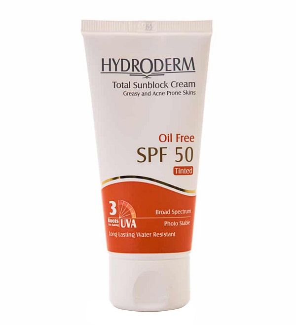 کرم ضد آفتاب رنگی هیدرودرم با SPF50 مناسب پوست چرب و جوشدار حجم 50 میلی لیتر