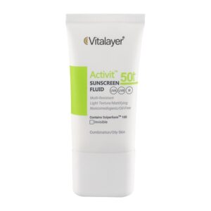فلوئید ضد آفتاب بی رنگ ویتالیر مدل Activit با SPF50 مناسب پوست چرب حجم 50 میلی لیتر